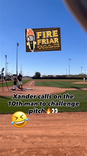 The 10th Man on Instagram: "On a 2-2 count during live BP, a pitch gets called a strike on Xander… @thexman2 I yell, “Challenge it! We’ve got it on camera!” He looks over and POINTS at us like he’s checking with the 10th Man for the review 😭😂 Instant replay powered by Fire Friar Talk. Even in batting practice, we’re locked in. 2026 vibes are DIFFERENT. #10thMan #FireFriarTalk #Padres #SpringTraining"