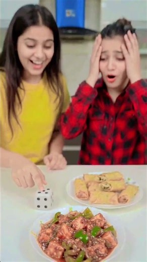Dice challenge two girls eating spicy chilli paneer and spring roll #spicydishes #spicy