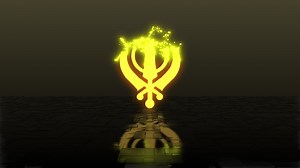 Symbol of sikhism, sikh symbol made of glowing golden particles disappear and dissolve on reflecting floor and dark background