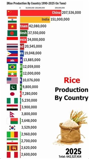 Top Rice Producing Countries 1990-2025 (In Tons)