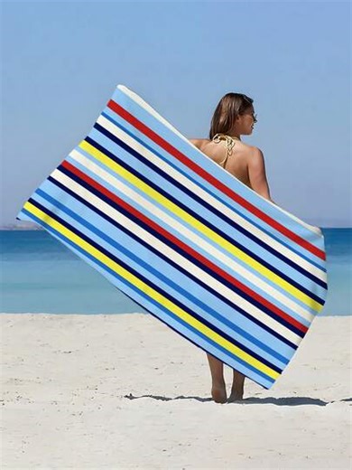 1pc Extra Large Blue & Colorful Striped Beach Towel, 90cm X 180cm - Vintage Chic Home Decor, Soft Absorbent Microfiber Material, Lightweight & Portable, Wind/Sun/Sand Proof, Pool/Beach Essential, Women's Summer Travel/Vacation Accessory, Suitable For Bathroom, Swimming, Fitness, Yoga, Camping, Unisex, Outdoor Singles Party, Back To School, Graduation Gift, Wedding Favor | SHEIN