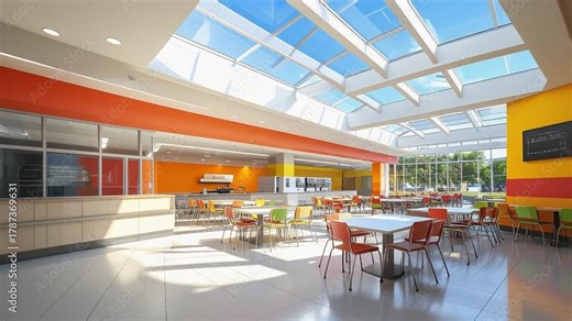 Bright and Modern School Cafeteria Interior with Skylight and Colorful Design
