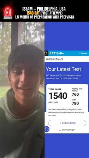 Isaam, from Philidelphia, USA. It was Isaam’s first SAT attempt in September 2025 in which he got 1540 with 1.5 months preparation— from beginning to 1540. 2 months back, Isaam’s parents contacted for their kids— Ramiz, Mehran, and Isaam. Ramiz got 1500. Mehran 1490. Isaam 1540. PrepVista Coaches with Isaam: Math by Sir Muzammil Saab. (SAT Head and Math HoD) Reading by Miss Shanzay (SAT Reading Team Lead) Grammar by Miss Bareeha (Team Lead Miss Fizzah Umar) If you also want to get 1540 in your f