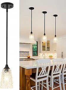 Glass Pendant Lights Kitchen Island, 1-Light Modern Black Pendant Light Fixtures with Hammered Clear Glass and Rods, Farmhouse Mini Hanging Light for Kitchen Sink Dining Room Bedroom, E26