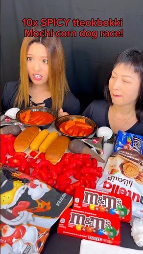 10x spicy tteokbokki and mochi corn dog race! #food #eating #mukbang #challenge