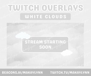 Animated White Clouds Twitch Overlays and Scenes - Stream Starting, BRB, Stream Ending, Stream Offline, Just Chatting, Webcam Border