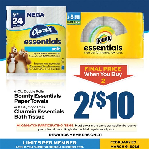 🧻 Stock up and save! Rewards members can get Bounty Essentials Paper Towels and Charmin Essentials Bath Tissue 2 for $10 when you buy 2. Mix & match participating items and grab the household basics you rely on. Enter your phone number at checkout to redeem. 📲💸 Offer valid through Friday, March 6th. Limit 5 per member. | Middlebourne Galaxy Food Center