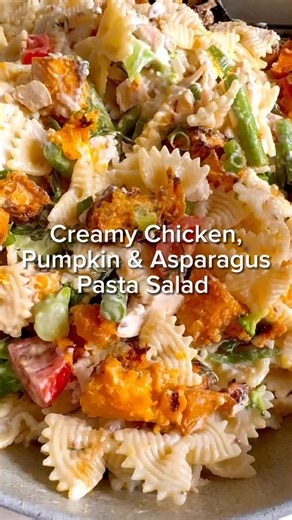 ~ CREAMY CHICKEN, PUMPKIN & ASPARAGUS PASTA SALAD ~ @whatspruecooking A pasta salad is a great option for those busy weeknight dinners that works for all families. It can be made ahead of time for those that are working late. It can be kept in the fridge to cater for families that have evening commitments and people eating at different time. You can make more than you need and have lunch for the next day or you can make it especially as a lunch prep option for the week. Whatever your family need