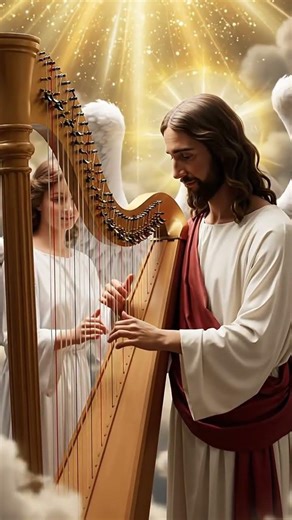 Jesus and Angel playing the harp - what a friend we have in Jesus - click link for original #angel