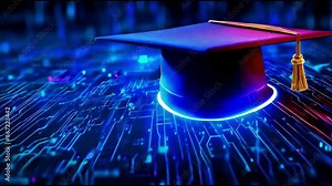 AI education or machine learning background. Abstract digital tech bg. AI chip and graduate hat in blue with light neon effects ai.
