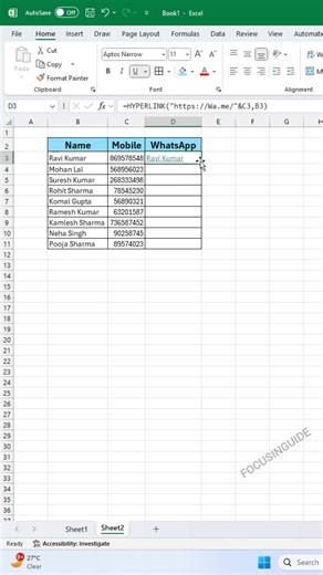 16K views · 87 reactions |  Add WhatsApp Link in Excel Effortlessly #focusinguide #ExcelTips #WhatsAppLink #ExcelHacks #Productivity #TechTips #OfficeTricks #LinkSharing #ExcelMagic | Focusinguide | Facebook