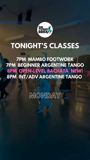 💃🕺 Join us at Third Street Dance TONIGHT for a night of fun, dancing and community!! 💃🕺⁠ ⁠ 🌟🌟🌟🌟⁠ 🕖 MONDAY NIGHT's Class Schedule:⁠ 7:00 PM - Mambo Footwork (Salsa On 2) ⁠ 7:00 PM - Beginner Argentine Tango⁠ 8:00 PM - ❗️NEW! Open-Level Bachata ❗️⁠ 8:00 PM - Intermediate/Advanced Argentine Tango⁠ 🌟🌟🌟🌟⁠ ⁠ $23 drop-in fee, $159 for an 8-class card, included in all memberships⁠ Register online or pay at the door!⁠ ⁠ No partner is required—just bring your enthusiasm and love for dance. Ca