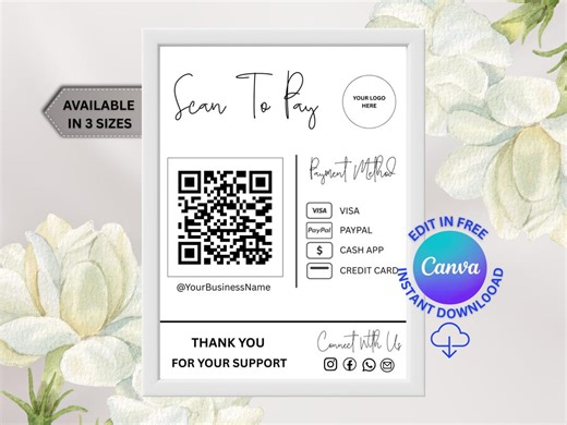 Customer Scan to Pay QR Code Sign Template – Editable Printable Cashless Payment Sign for Small Business, Digital Download - Etsy