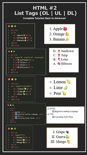 💻 HTML • CSS • JavaScript on Instagram: "Html List Tag 🥰 🌾order list 🔥Unorder list 🧊Description List 🟢 Follow @techwithgba for Web Development & Game Development tips, tricks & tutorials 😍 🟡 Don’t forget to LIKE ❤️ | SHARE 🤝 | FOLLOW 🔔 ✨ Topics we cover: Frontend • Backend • Fullstack • Web Design • Web Development • HTML • CSS • JavaScript • Animations • Coding Hacks • Developer Tips 🚀 Making coding simple, fun & easy to learn! 👉 If this reel helped you, LIKE ❤️ 👉 Share it with you