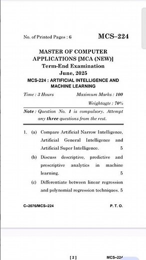 MCS 224 Artificial intelligence and Machine learning june 2025 #ignou #pyq #exam #mca #bca