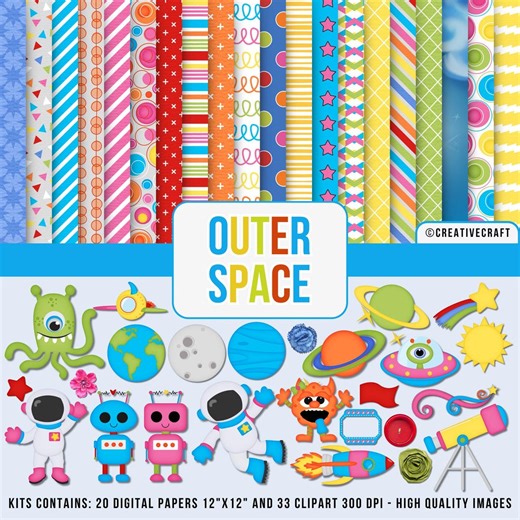Outer Space Digital Papers and Clipart Bundle, Kids Space Theme, Planets Astronaut Robots, 20 Papers & 33 PNG Illustrations, Commercial Use