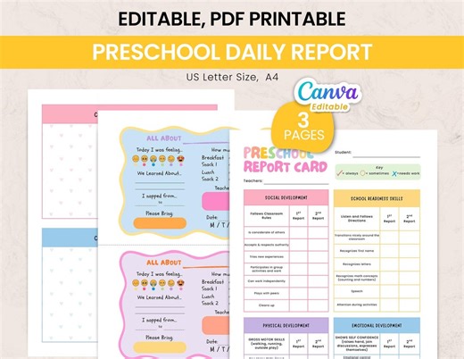 Preschool Daily Report Card, Daycare Daily Log, Toddler Daily Log Report | Printable Preschool Report Card | Childcare Report, Canva , PDF - Etsy