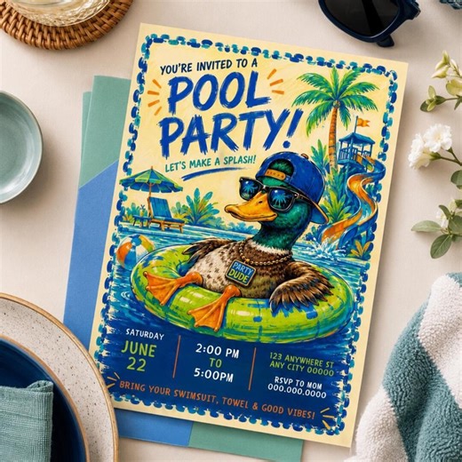 Party Dude Pool Party Summer Party Birthday Pool Party Invitation Duck Invite Boys Pool Party - Etsy