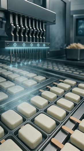 machine on Instagram: "Follow US (@MACHINE) to learn something NEW everyday 🚀 Ever wondered how ice cream sticks end up perfectly placed every time? This machine uses sensors to slide each stick into position before the ice cream sets, with zero waste and near perfect accuracy. Mass production, sweet precision. #ai #machine #artificialintelligence"