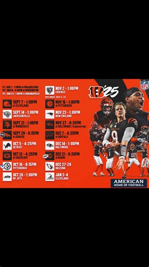 12K views · 37 reactions | Cincinnati Bengals 2025 NFL Schedule is HERE — and it’s packed with prime-time games, fierce rivalries, and big revenge matchups!  ORANGE & BLACK IS BACK!  Who Dey Nation, which game will be the loudest this season? #Bengals #WhoDey #NFL2025 #CincinnatiBengals #NFLFYP #BengalsNation #GameDay #FootballSeason #NFLSchedule #SportsViral | American Home Of Football | Facebook