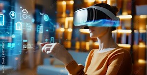 Woman using virtual reality headset to manage her smart home, controlling smart home appliances with smart home control panel control