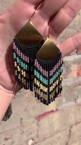 Chevron Beaded Earrings – Brass Half Moon Dangles – Boho Artisan Jewelry
