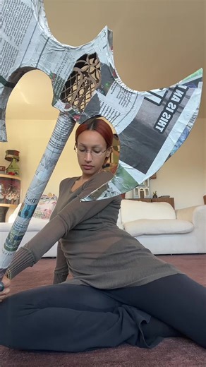 I’m low energy today but HAD to show you my battle axe paper mached⚔️⚔️⚔️ gonna try to plaster today but idk🗞️ #cardboardart #cardboardsculpture #papermache #papermacheart #cardboardcrafts