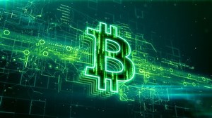 Abstract animation of bitcoin currency sign in digital cyberspace