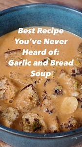 The best recipe you’ve never heard of is...Spanish Garlic and Bread Soup! We first learned sopa de ajo, or garlic soup, from the great José Andrés (@chefjoseandres), whose family called it an “end-of-the-month” recipe—the type of meal you can throw together from odds and ends. It is basically a stone soup. Garlic cooked in copious amounts of olive oil, with thinly sliced stale bread and several tablespoons of smoked paprika. Add some water and simmer, then off heat whisk in four or five eggs. We