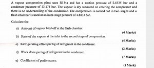 A vapour compression plant uses R134a and has a suction pressur... | Filo