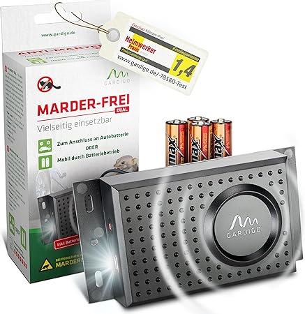 Gardigo® Marderschreck - Marder-Frei Dual mit Batterien I Mobile Marderabwehr für KFZ, Haus, Dachboden, Garage I Schall und Blitzlicht I Anschluss an 12V Autobatterie oder Batteriebetrieb möglich