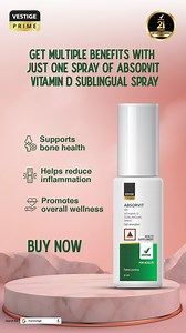 Spending most of your time indoors can reduce your Vitamin D levels. Vestige Prime Absorvit Vitamin D Sublingual Spray provides an easy way to maintain daily Vitamin D, supporting strong bones and overall wellness. Buy now #vestigeproducts #absorvit #vitamindsublingualspray #wishyouwellth | Vestige Marketing Pvt.Ltd
