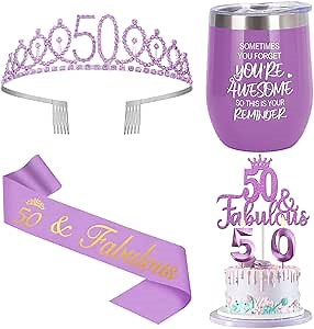 50th Birthday Gifts for Her with 12oz Tumbler/Mug Wine or Coffee, Birthday Crown, Sash, Cake Topper and Candles, 50 Year Old Decorations Women Purple