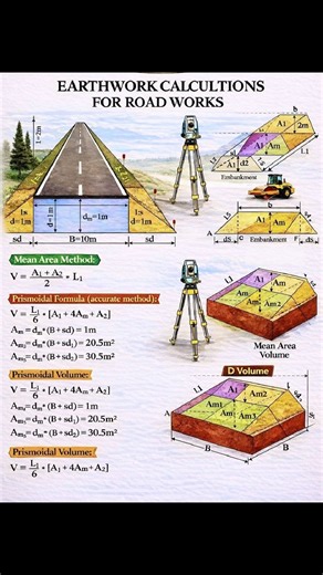 📘 Earthwork Calculations for Road Works | Civil Tech Time Understanding earthwork quantity calculation is essential for every civil engineer involved in road construction. Accurate volume estimation helps in cost control, material planning, and proper execution on site. In this post, we explained: 🔹 Mean Area Method V = (A₁ A₂) / 2 × L – Simple and commonly used for quick calculations. 🔹 Prismoidal Formula (Accurate Method) V = L / 6 × (A₁ 4Aₘ A₂) – Provides more precise results, especially f