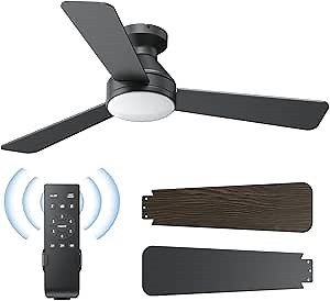 Ceiling Fans with Lights, 42 Inch Ceiling Fan with Light And Remote, 3CCT Flush Moun Low Profile Ceiling Fans, 6 Speed Noiseless LED Ceiling Fan, Black Ceilings Fan with Remote for Bedroom Living Room