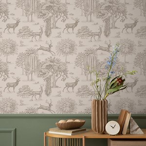 Toile Wallpaper Featuring a Hand-drawn Deer Scene in Brown and Beige - E123 B - Etsy