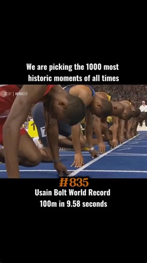 The Moment of History on Instagram: "On August 16, 2009, at the World Championships in Berlin, Usain Bolt set one of the greatest records in the history of sport. He ran the 100 meters in 9.58 seconds, becoming the fastest man in history. His average speed over the distance was about 37.6 km/h, while his peak speed during the acceleration phase reached approximately 44 km/h. The record was set with a legal wind assistance of +0.9 m/s. Years have passed, but the 9.58 mark remains unbeaten and sym