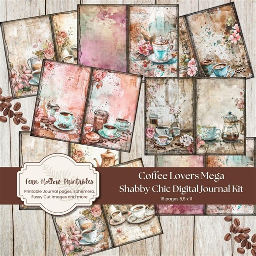 Coffee Lovers Junk Journal Kit | Shabby Chic Printable Papers, Tags, Ephemera & Fussy Cuts | Mega Craft Pack Digital Print and Cut - Etsy