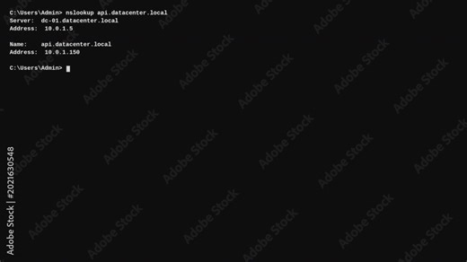 IT administrator using nslookup in Windows command prompt to resolve server domain names