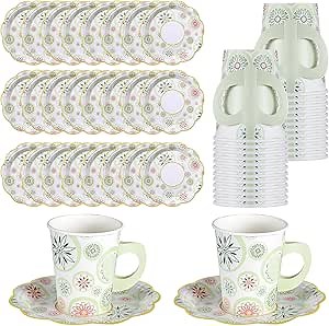 Disposable Tea Party Cups 9oz Floral Tea Cups and Saucer Set Paper Tea Cups with Handles Tea Party Decorations for Kids Girls Birthday Baby Bridal Shower Wedding(Bohemian, 48 Pcs)