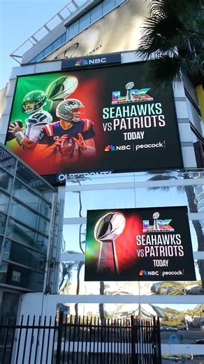 Seahawks Patriots Super Bowl LX Billboard Sunset Blvd Los Angeles CA February 8, 2026 84 Degrees