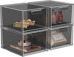4 Pack Stackable Makeup Organizer and Storage, Acrylic Organizers，Clear Plastic Storage Drawer with Pull-Out Handles for Vanity, Undersink, Kitchen Cabinets, Pantry, Black