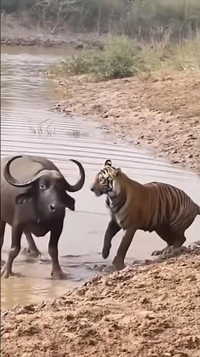 Could the buffalo escape the tiger’s cunning ambush? 🐃🐅💨 #buffalo #tiger #wild #chase #epic