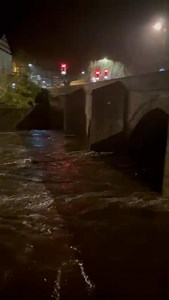The Derwent at Matlock Bridge at 5.20 this morning. The river level is forecast to peak at approx 3.2 metres in the town around now. Through the night our teams have delivered sandbags to hubs in Matlock and at Darley Bridge and assisted the fire service in dealing with flooded homes at Bakewell's Wyedale. Video: Cllr Steve Wain (flood warden). | Derbyshire Dales