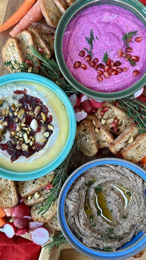 Dominic Franks on Instagram: "3 Christmas Party Dips Here’s 3 festive dips when you need something fast and fabulous. Dip 1 - melted camembert with cranberry jelly and pistachios. Dip 2 - whipped brie with beetroot, Greek yoghurt and dill. Dip 3 - roast mushrooms, chestnuts and white beans. Get the recipes with supermarket delivery on the @plate_up_ app Bowls by @hokanbowls Beans by @boldbeanco #Christmas #dips #partyfood"