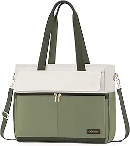 LOVEVOOK Laptop Bag for Women 15.6 Inch Canvas Laptop Large Capacity Work Bags Mutiple Pockets Teacher Bag Water Resistant Computer Bags for Business Travel Nurse, Green Beige