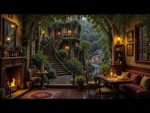 Cozy Coffee Shop at Rainy Spring Ambience | Gentle Jazz Music with Fireplace Sounds For Relaxing