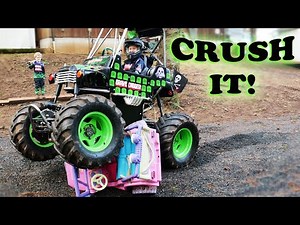 Crazy Mini Grave Digger Monster Truck Crushes Pink Powerwheels Jeep and gets a good 4wd Thrash Test