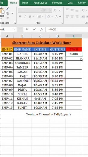 How to Calculate Working Hours Use MOD Function in MS Excel #microsoft #excel #shorts #shortsfeed