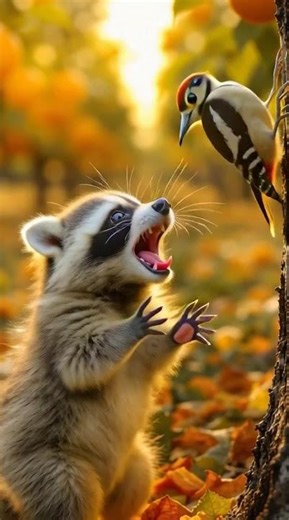 ¡Niño mapache pide silencio al pájaro carpintero! #Adorable #shorts